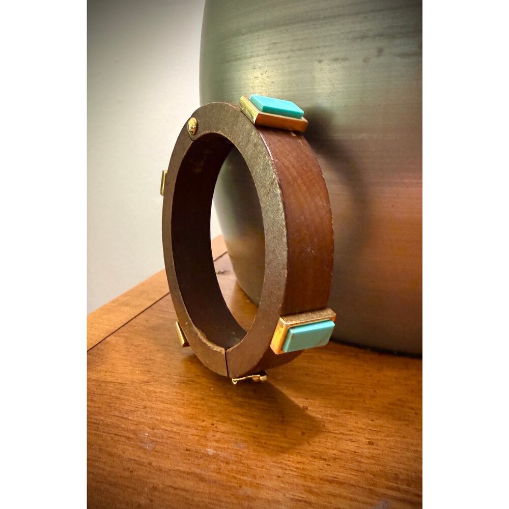 Lizzie Fortunato Wood Turquoise Statement Hinged Bangle Gold Designer Cuff